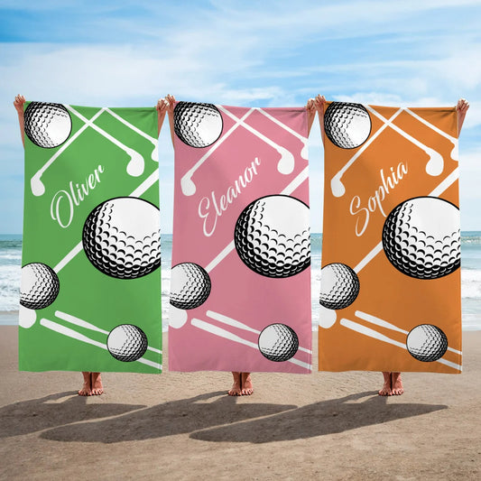 Personalized Multicolor Golf Pattern Oversized Quick-Dry Beach Towel with Name – Summer Holiday Essentials Beach Party or Birthday Gift for Golf Lover