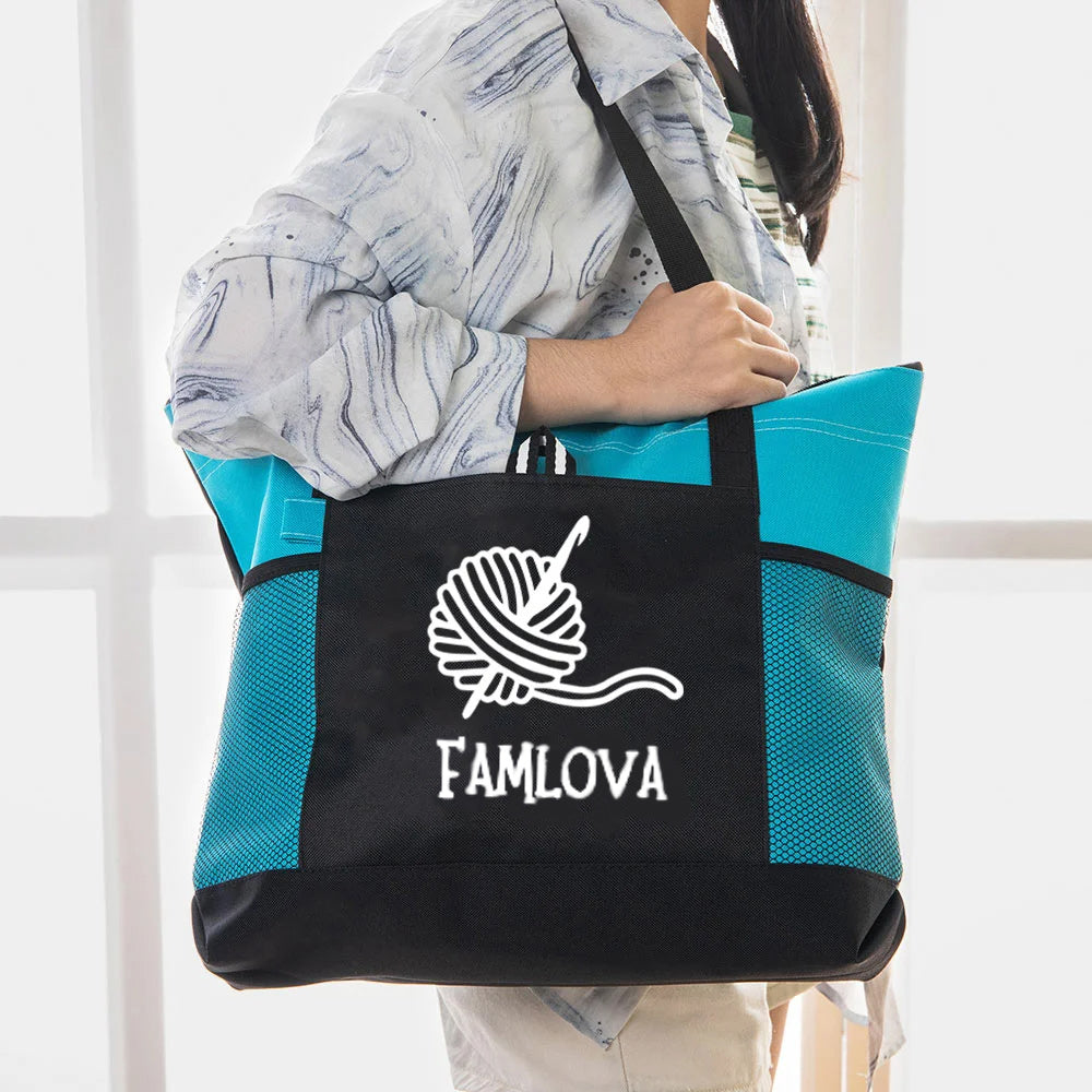 Personalised Large Mesh Tote Bag with Knitted Design and Name Birthday Gift for Crochet and Sewing Enthusiasts