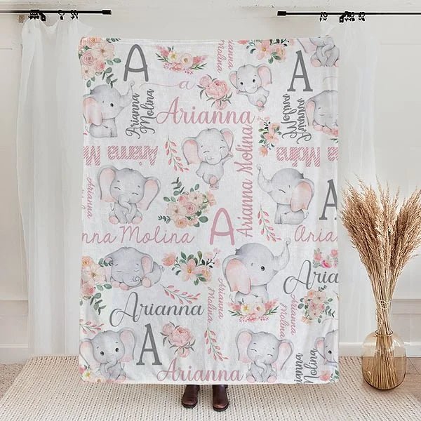 Personalized Floral Elephant Girl Blanket with Name – Perfect Christmas, Birthday Baby Shower Gift for Baby, Kid and Family