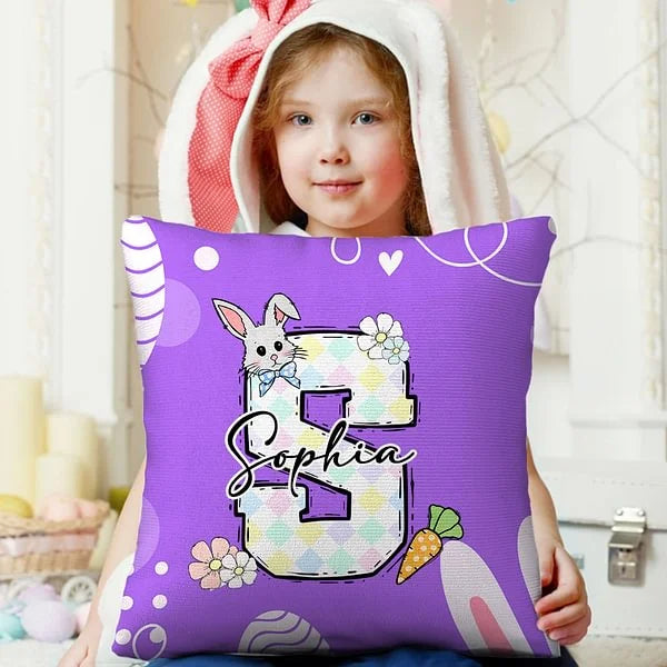 Personalised Cute Easter Bunny Soft Pillow Cover with Initial Name – Perfect Easter Party and Home Decor Gift for Boys and Girls
