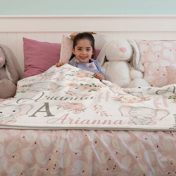 Personalized Floral Elephant Girl Blanket with Name – Perfect Christmas, Birthday Baby Shower Gift for Baby, Kid and Family
