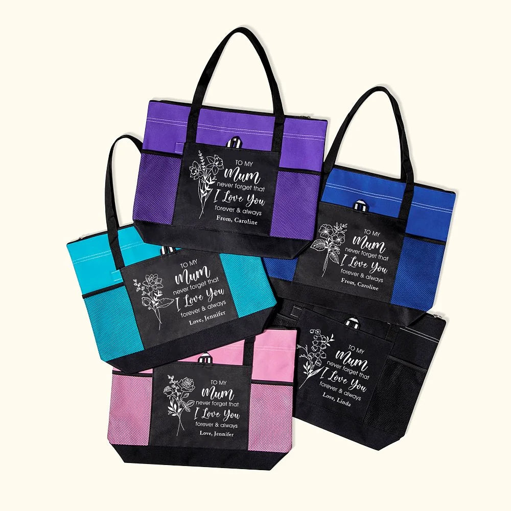 Personalised Zipper Tote Bag with I Love You Birth Flower Design Large Capacity Mother's Day Gift for Mom or Grandma