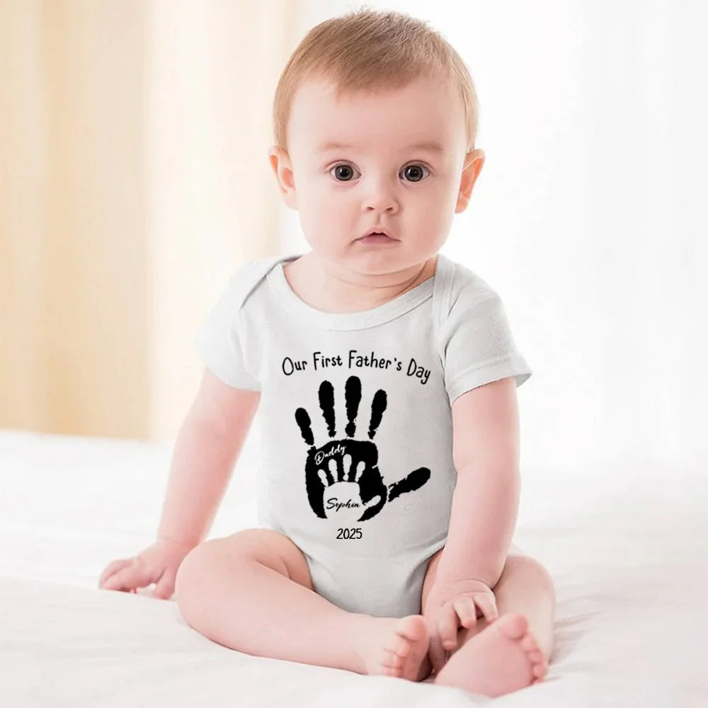 Personalised Handprint Matching Set for Our First Father’s Day Custom Cotton Bodysuit T-shirt with Name and Year for Dad and Baby