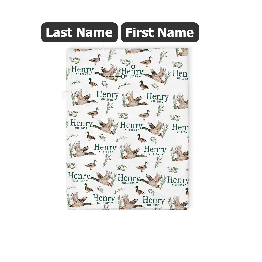 Personalised Mallard Duck Baby Soft Swaddle, Hat & Bow Headband Set with Name – Newborn Coming Home or Baby Shower Gift