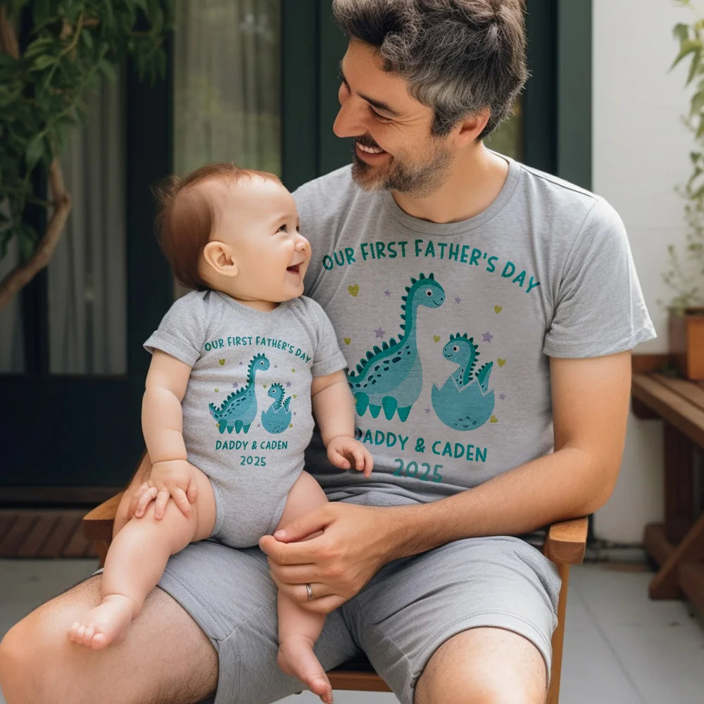Personalised Our First Father’s Day Gift Little Dinosaur Dad and Baby Matching Shirt Set for Father and Daughter or Son