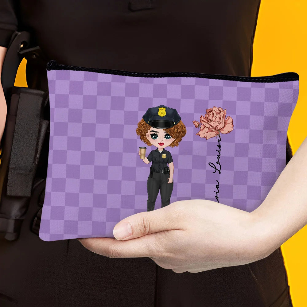 Personalised Police Woman Cartoon Character Makeup Bag with Birth Flower and Name   Graduation or Birthday Gift for Female Police Officer