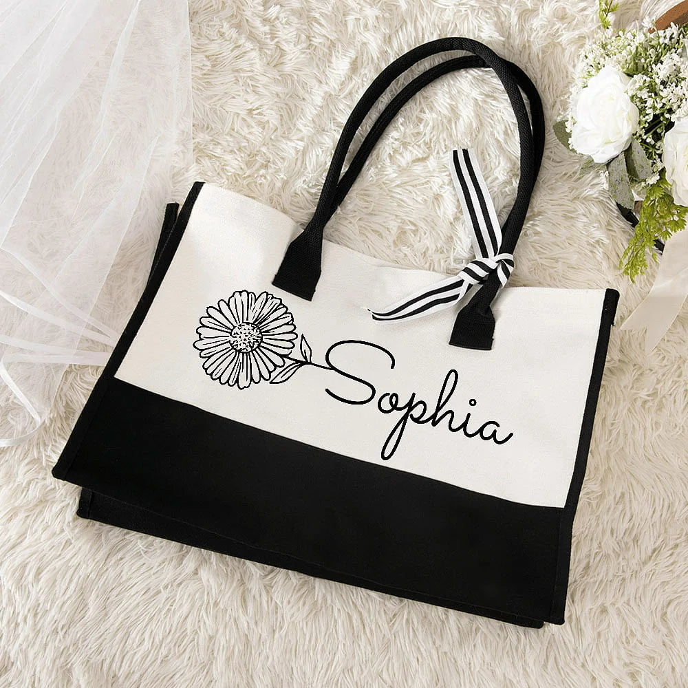 Personalized Birth Flower Canvas Tote Bag with Name Large Stylish and Practical Daily Travel or Work Essentials Gift for Women
