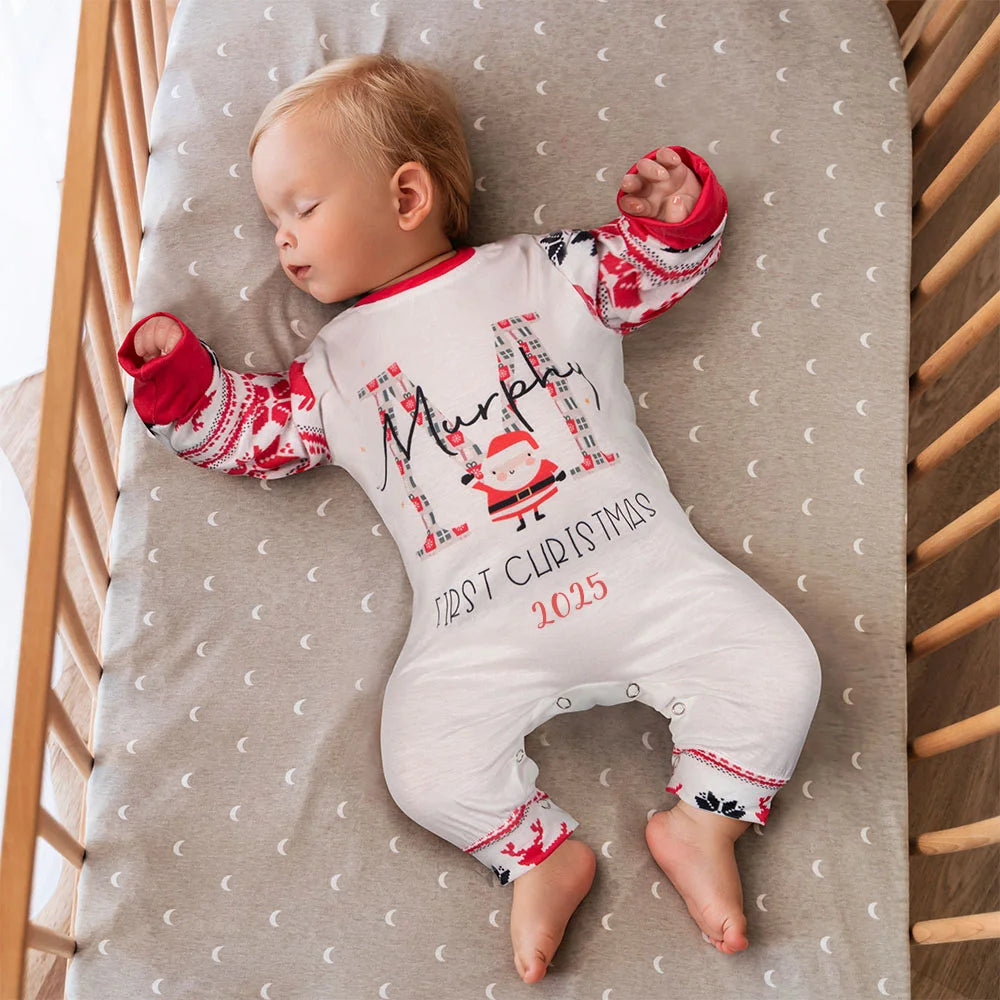 Personalised Baby Pajama with Cute Santa Design Name and Initial First Christmas Long Sleeve Outfit Gift for Boys Girls