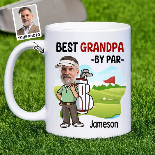 Personalized 11 oz Ceramic Mug with Cartoon Golf Character Pattern, Name and Photo – Home Kitchen Decor, Father's Day or Birthday Gift for Golf Lover