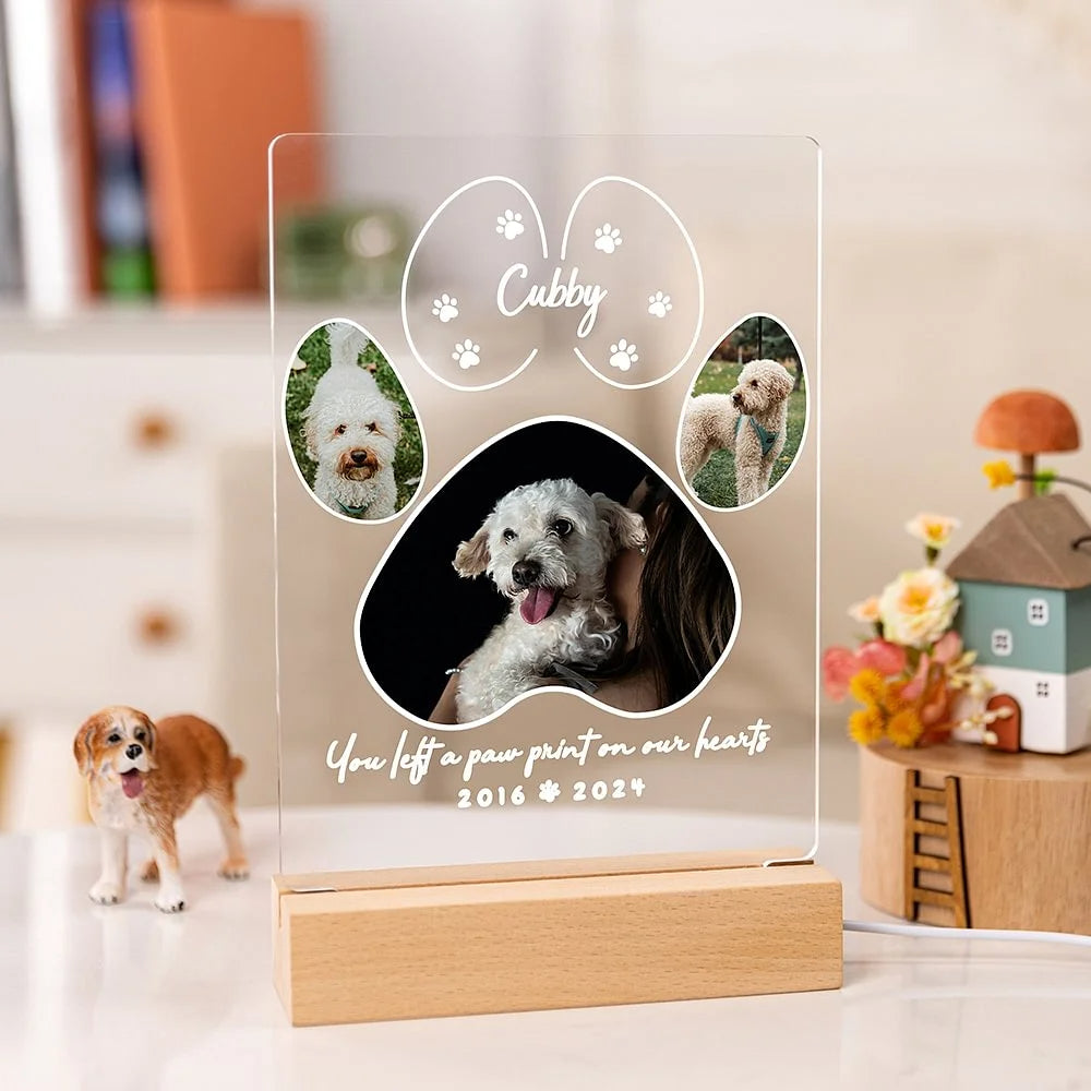 Personalised Pet Paw Print Photo Collage LED Memorial Night Light with Wooden Base – Pet Loss Sympathy Gift for Dog Cat Lovers