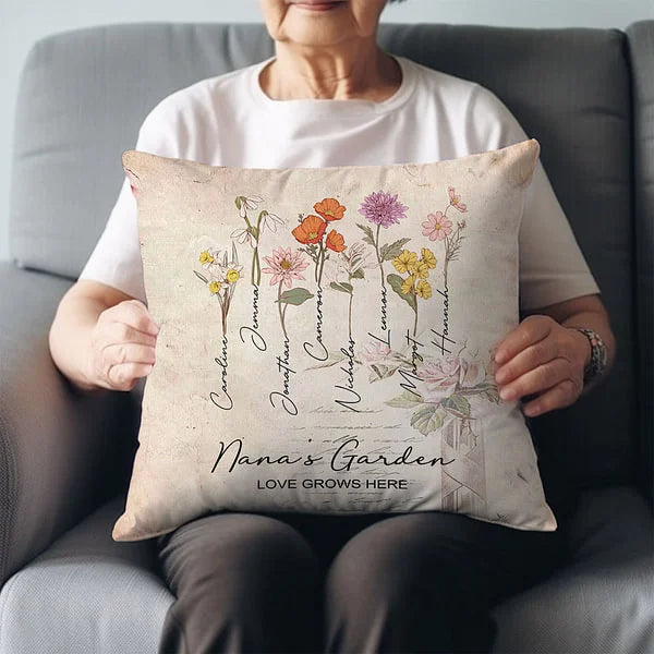Personalized Family Watercolor Birth Flower Painting Pillow Cover with 1-8 Names – Mother's Day Birthday Gift for Grandma or Mom