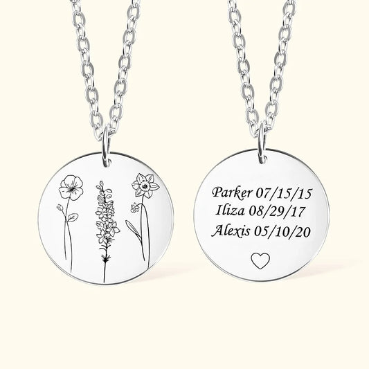 Personalized Birth Flowers Necklace with 1-4 Engraved Names Anniversary Mother's Day Gift for Her