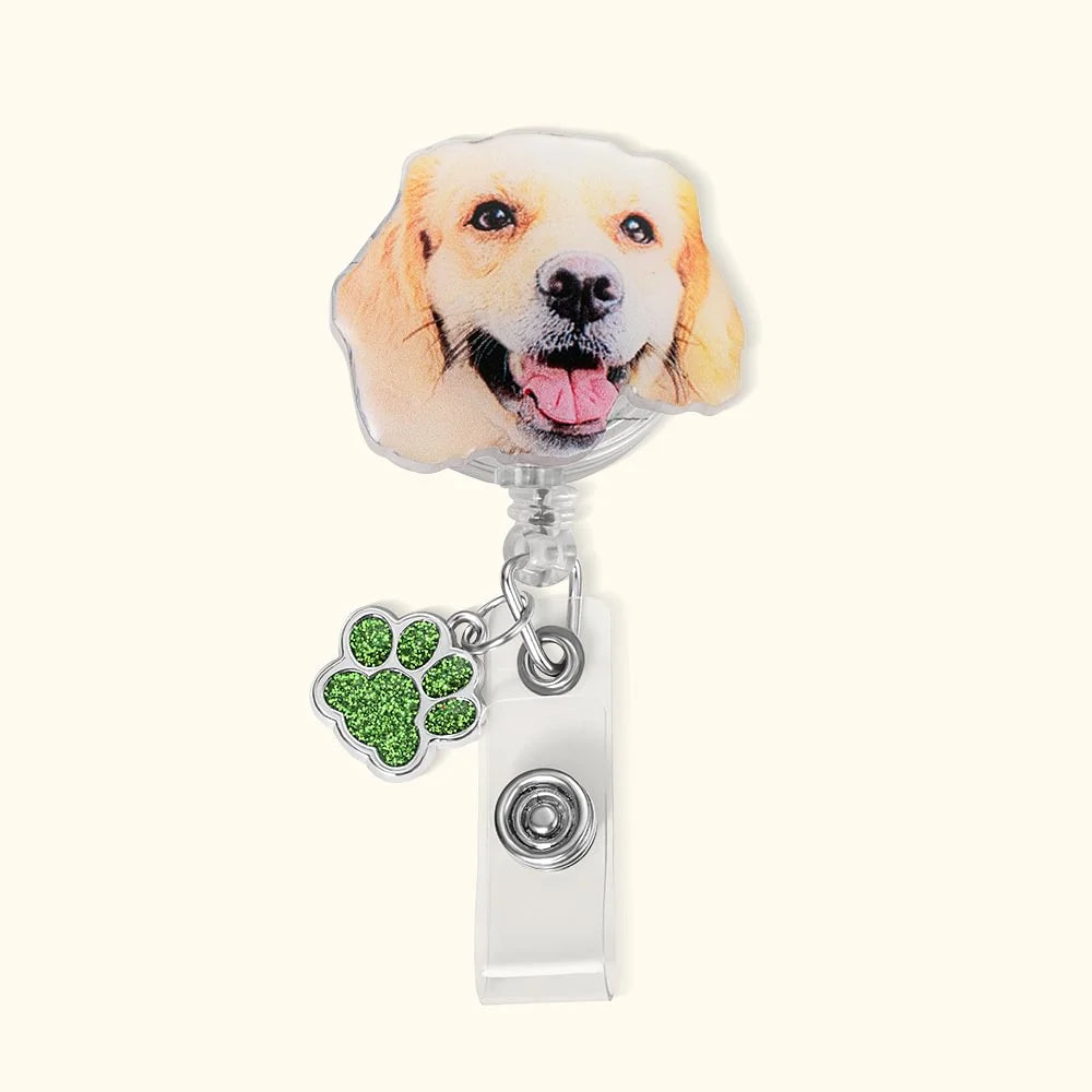 Personalised Pet Portrait Badge Reel with Glitter Paw Print Charm Unique Gift for Veterinary Nurses and Pet Lovers