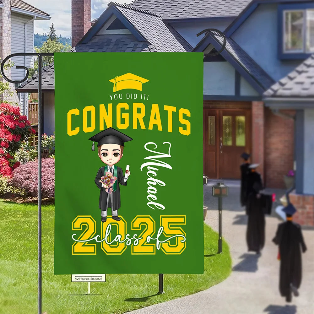 Personalized "You Did It" Grad Hat Cartoon Character Garden Flag with Name – Family Party Decor Graduation Gift for Class of 2025 Graduates