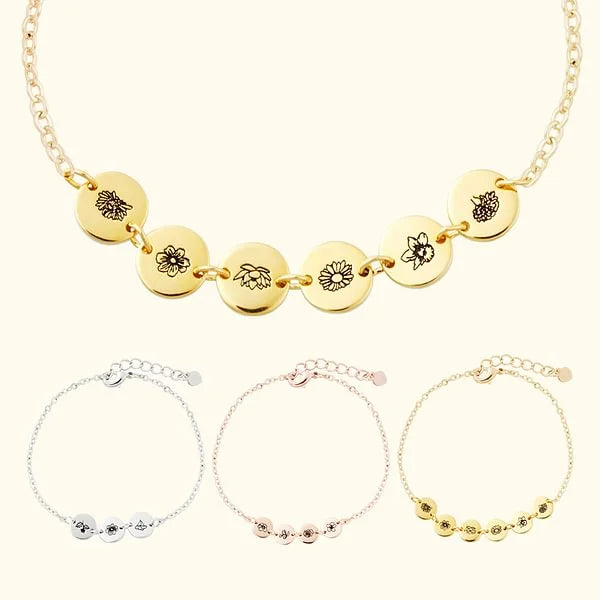 Personalized 1-6 Engraved Birth Flower Disc Bracelet Mother's Day Birthday Gift for Mom Grandma