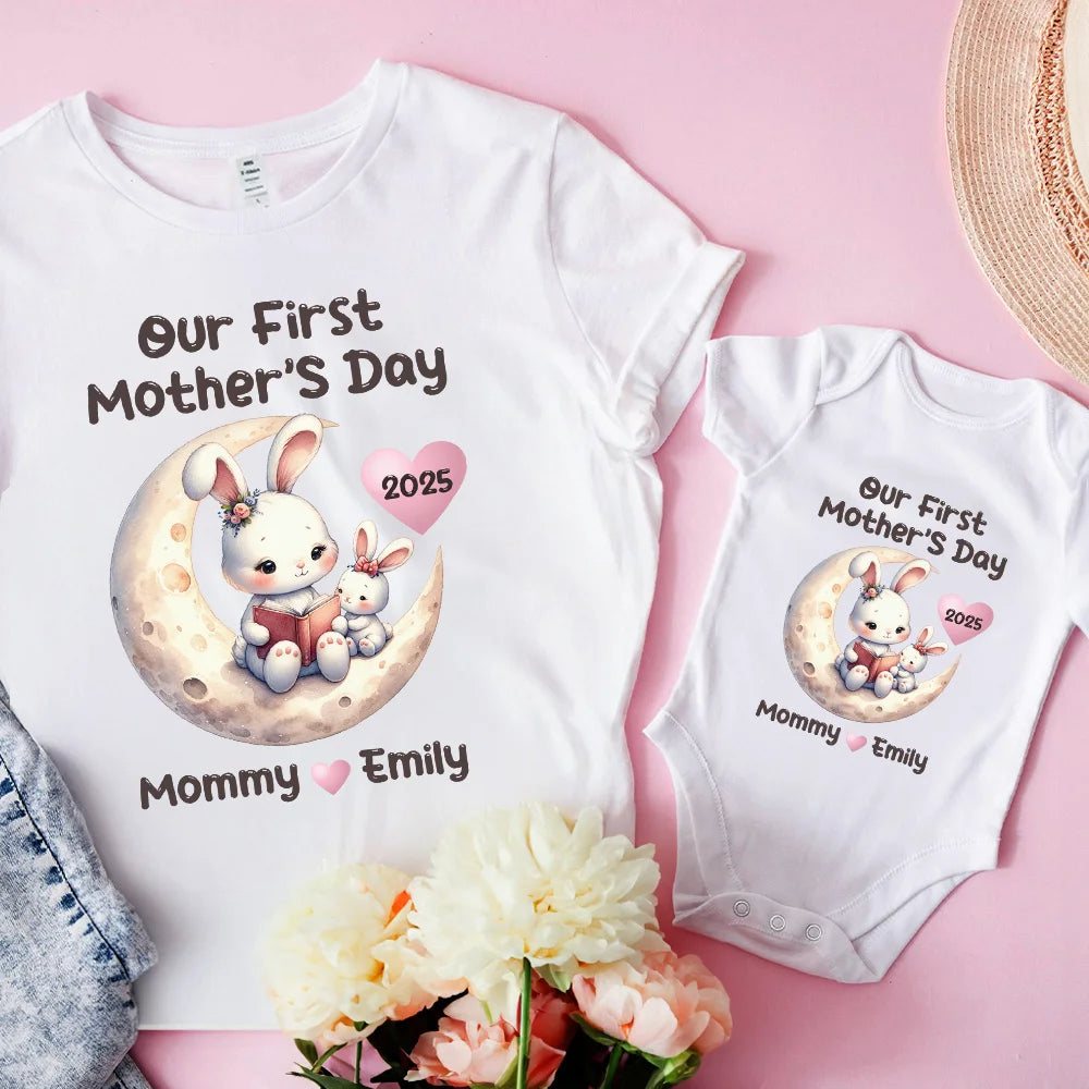 Personalized Mommy & Baby Animal Bodysuit – Moon & Stars Storytime Design – 100% Cotton Matching Set – Custom Name – Newborn Gift for 1st Mother's Day, Baby Shower, New Mom
