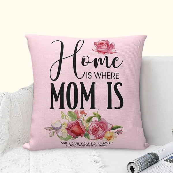 Personalised Throw Pillow Cover with Name and Text  "Home Is Where Mom Is" Birth Flower Design Mother's Day Birthday Gift for Women