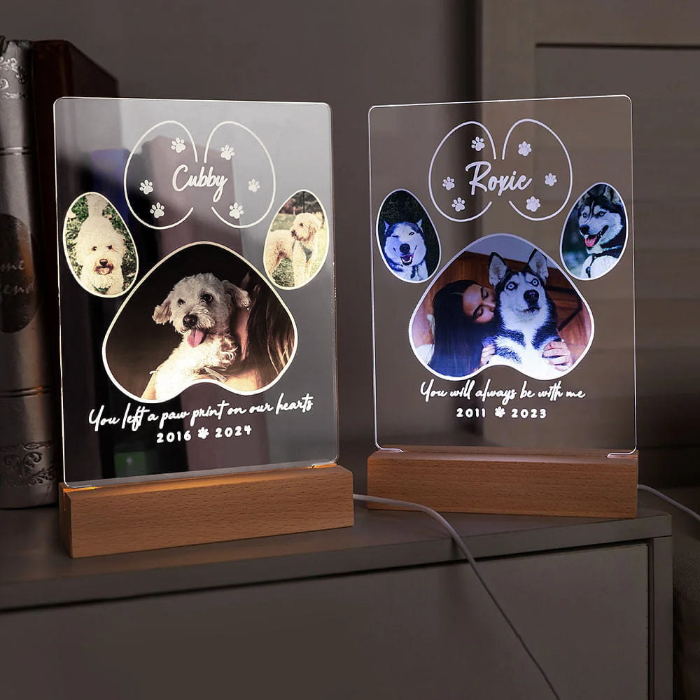 Personalised Pet Paw Print Photo Collage LED Memorial Night Light with Wooden Base – Pet Loss Sympathy Gift for Dog Cat Lovers