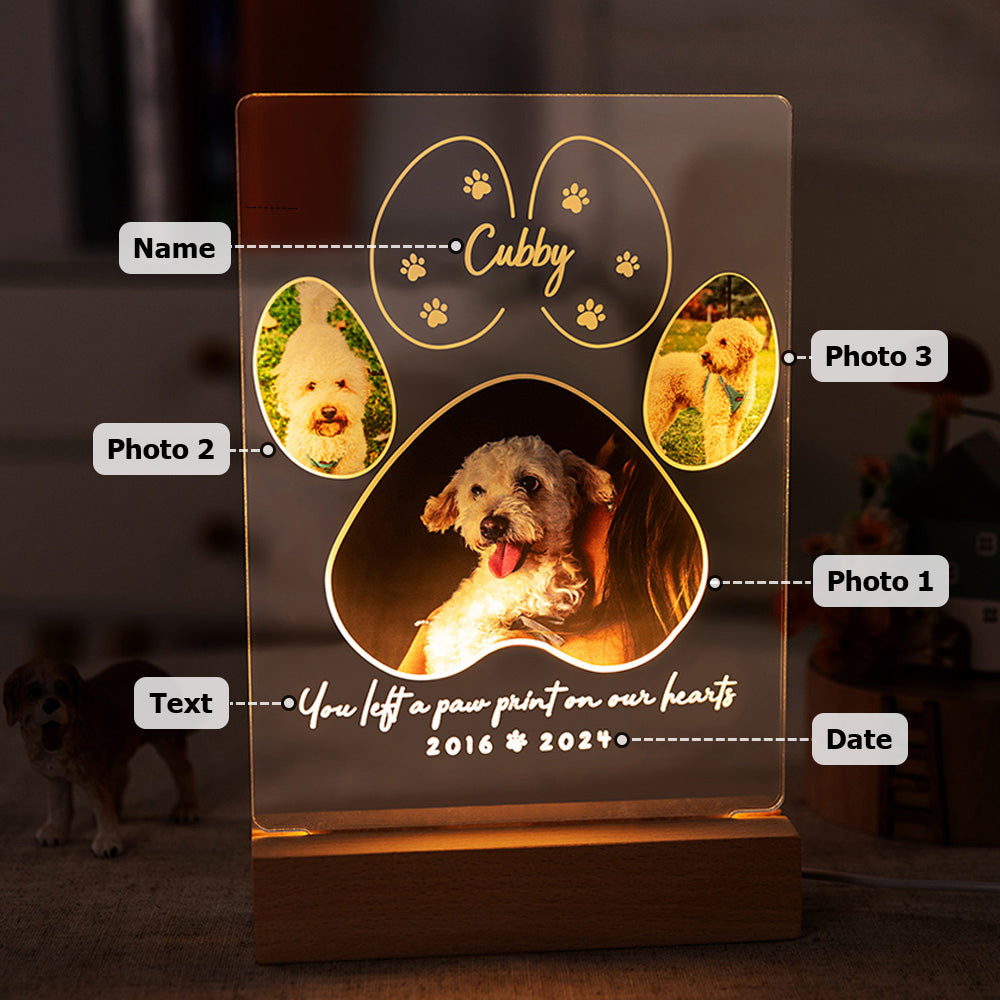 Personalised Pet Paw Print Photo Collage LED Memorial Night Light with Wooden Base – Pet Loss Sympathy Gift for Dog Cat Lovers