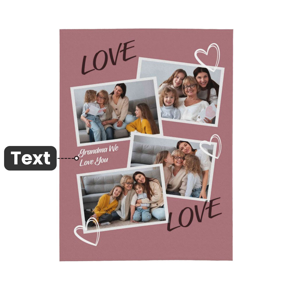 Personalized Colorful Love Soft Blanket with 1–4 Photo Collage and Text – Birthday or Mother's Day Gift for Family
