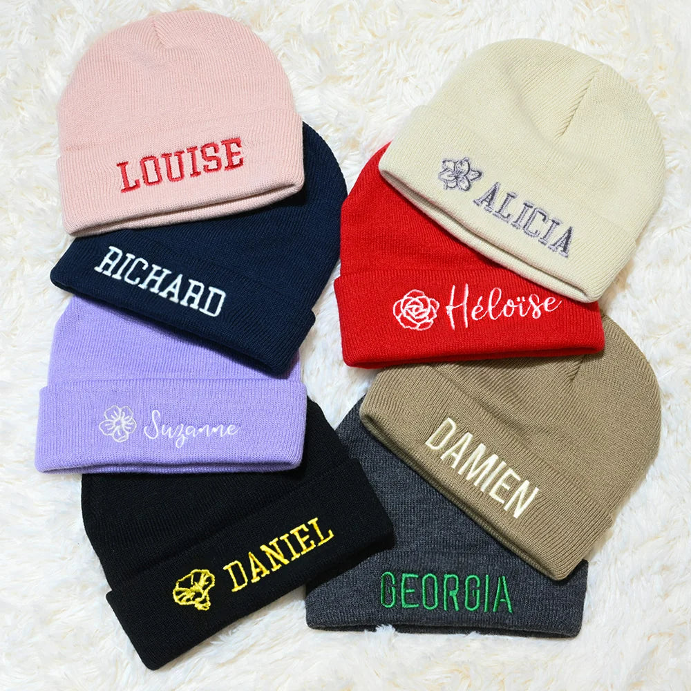 Personalised Birth Flower Embroidered Knit Beanie with NameAccessories Perfect Birthday Gift for Men and Women