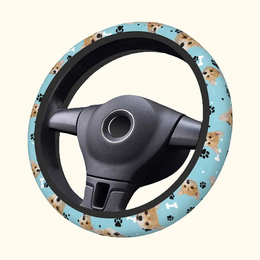 Personalised Anti-Slip Car Steering Wheel Cover with Multicolor 1–3 Pet Portrait and Paw Bone Design – Birthday Car Accessory Gift for Pet Owners