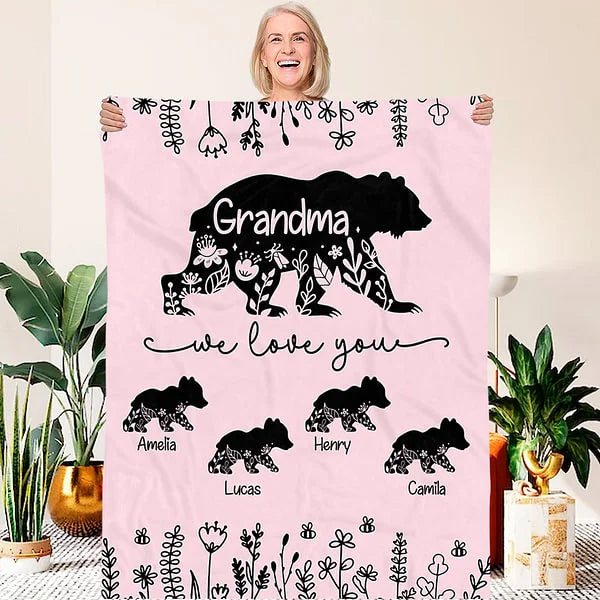 Personalised Mama Bear Floral Fleece Blanket with 1-10 Cubs and Custom Names Perfect Gift for Mum or Grandma on Mother's Day or Birthday