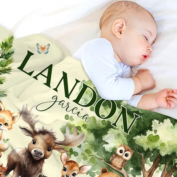 Personalised Soft Blanket with Name Forest Animal Theme Featuring Fox  Rabbit Ideal for Nursery, Baby Shower or Birthday Gift