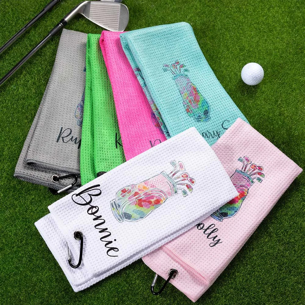 Personalized Golf Waffle Towel – Sweat-Absorbent with Hanging Clip, Custom Name & Color – Ideal Birthday Gift for Golf Lovers