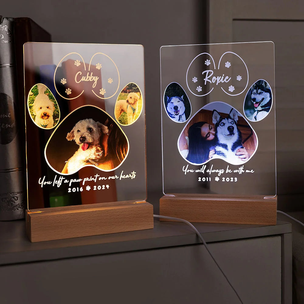 Personalised Pet Paw Print Photo Collage LED Memorial Night Light with Wooden Base – Pet Loss Sympathy Gift for Dog Cat Lovers