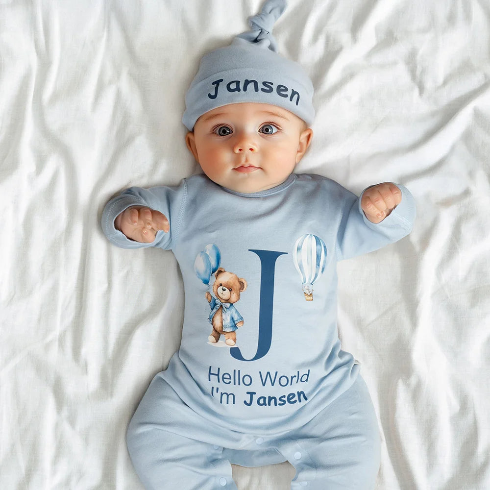 Personalized Hello World Bear Design 100% Cotton Long-Sleeve Bodysuit Hat Set with Name Newborn Baby Shower Baptism Gift