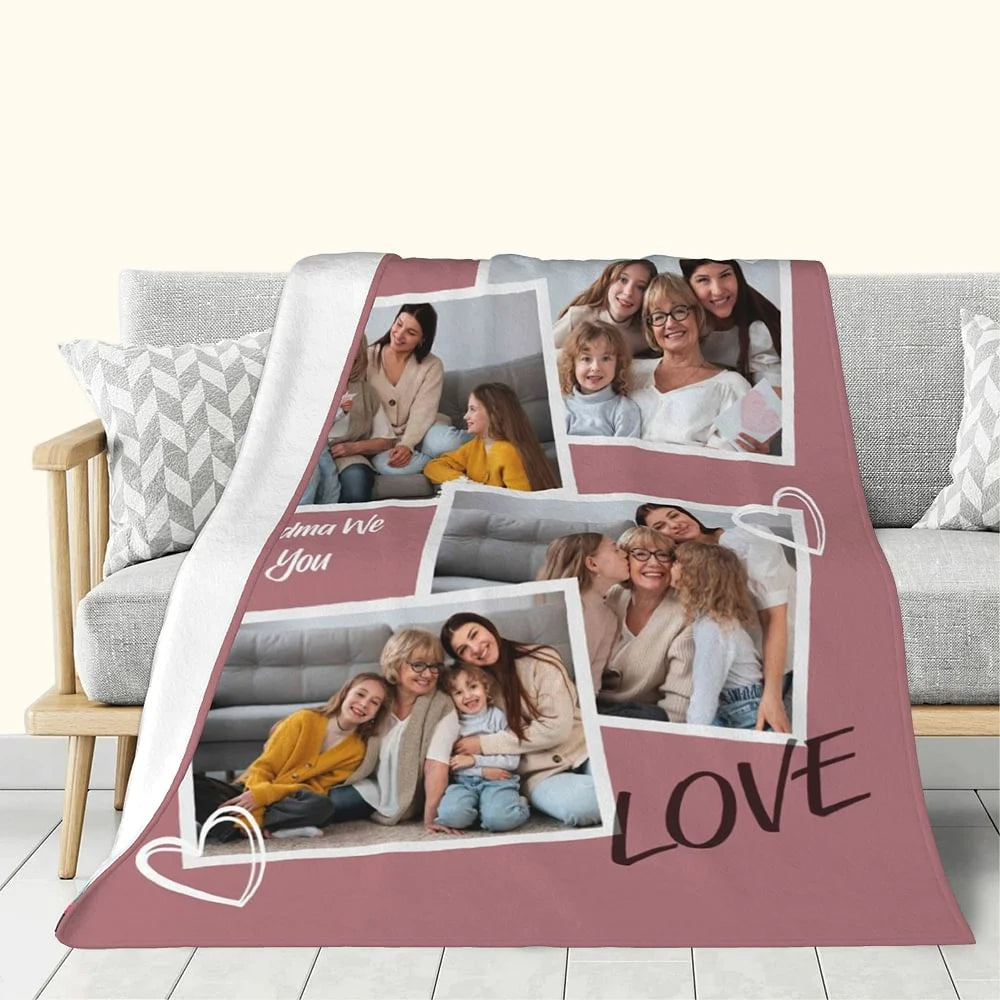 Personalized Colorful Love Soft Blanket with 1–4 Photo Collage and Text – Birthday or Mother's Day Gift for Family
