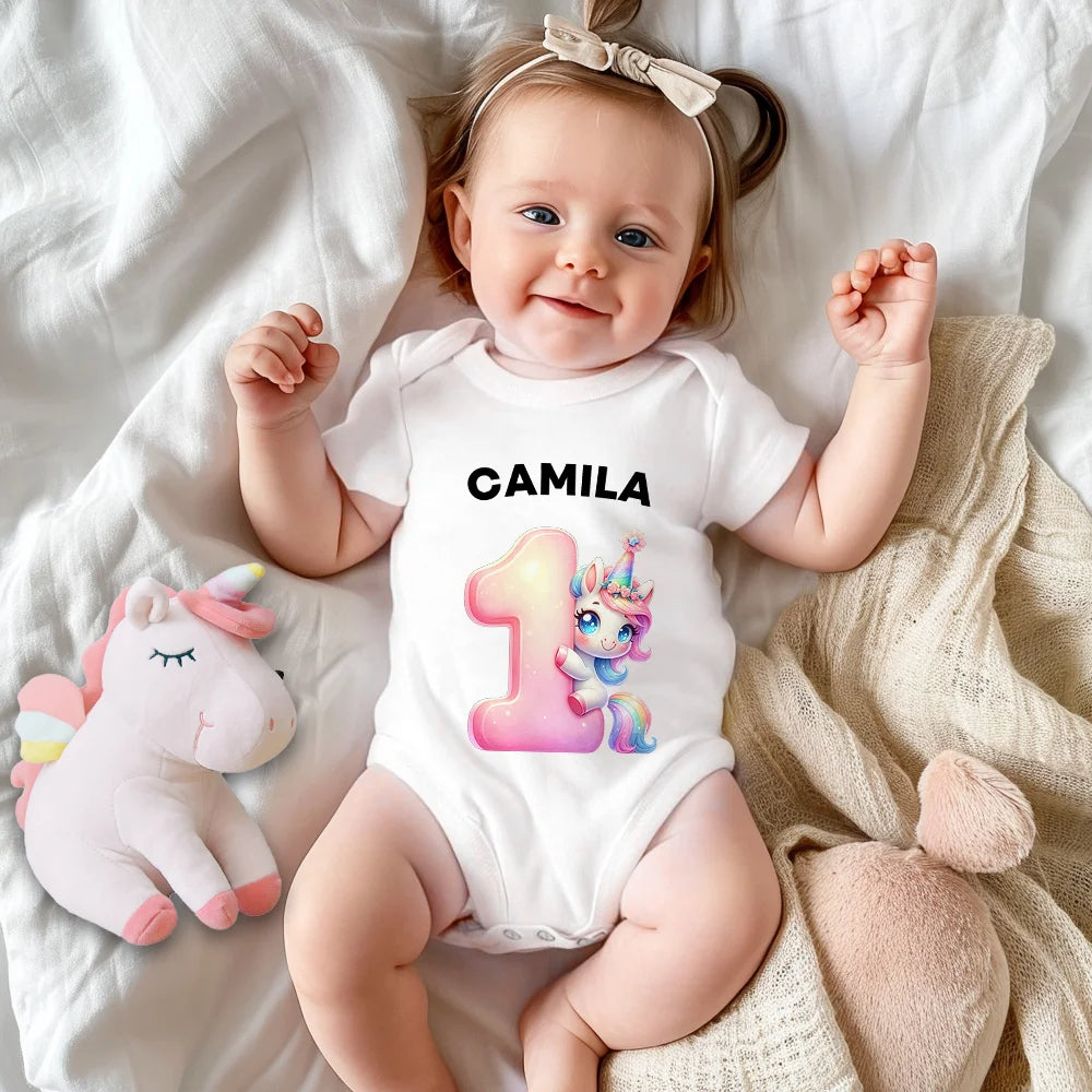 Personalised Unicorn Construction Vehicle Number Pattern 100% Cotton Baby Bodysuit T-Shirt with Name Baby Shower Gift for Baby Boy Girl