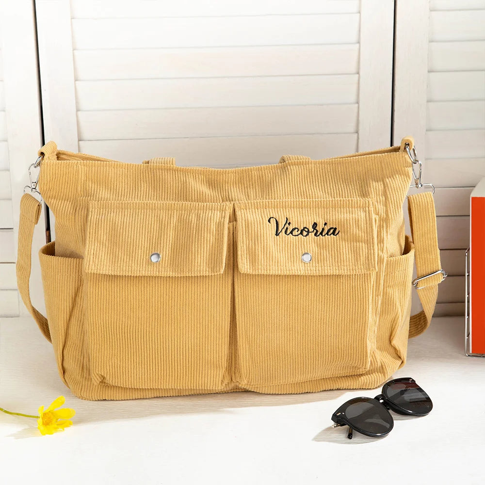 Personalised Corduroy Zipper Crossbody Tote Bag with Embroidered Name and Pockets Travel Accessories Birthday Gift for Family and Friends