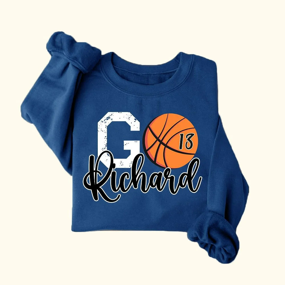 Personalised Go Basketball T-Shirt or Sweatshirt with Name and Number Ideal Birthday or Game Day Gift for Basketball Fans and Teams