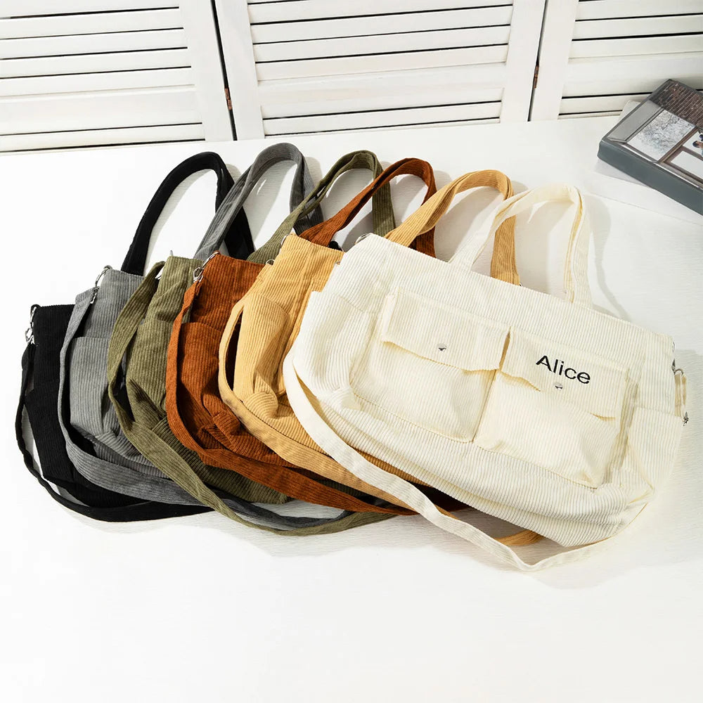 Personalised Corduroy Zipper Crossbody Tote Bag with Embroidered Name and Pockets Travel Accessories Birthday Gift for Family and Friends