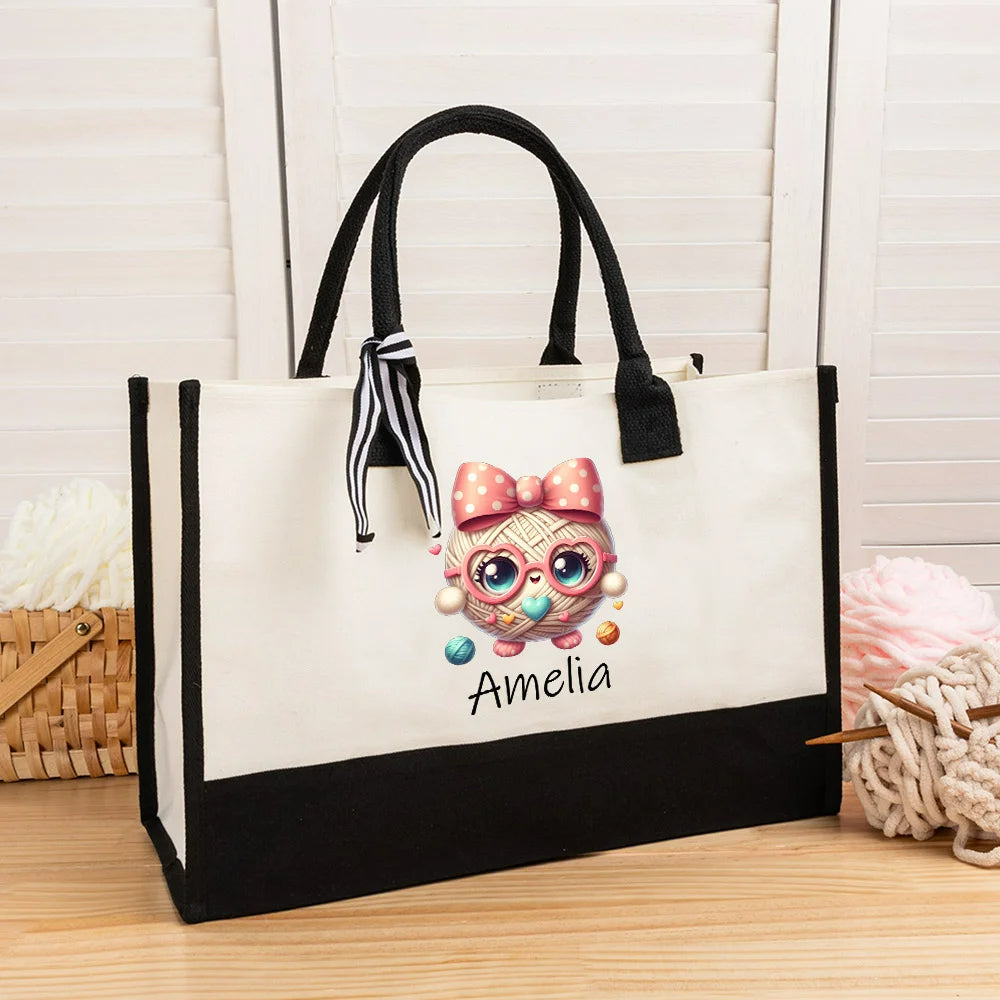 Personalized Large Canvas Tote Bag with Cute Bow Cartoon Crochet Pattern and Name – Perfect Gift for Moms Grandmas, and Crochet Enthusiasts