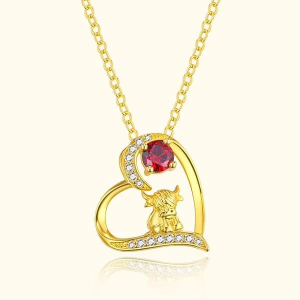 Personalized Heart Cute Highland Cow Birthstone Necklace Jewelry Birthday Anniversary Gift for Highland Cow Lovers