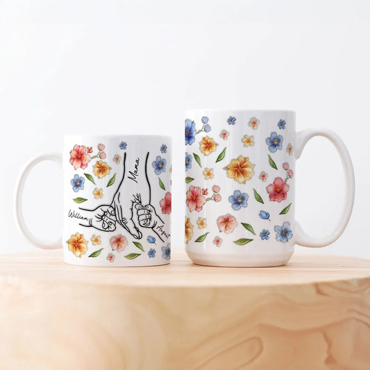 Personalised Watercolor Flower 1-9 Holding Hands Ceramic Mug  with Name Heartfelt Mother’s Day or Birthday Gift for Mom and Grandma