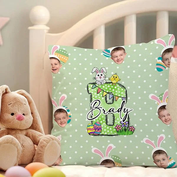 Personalised Soft Throw Pillow Cover with Name Colorful Polka Dot Cute Easter Bunny 1–3 Photos Easter Party Gift for Boys Girls