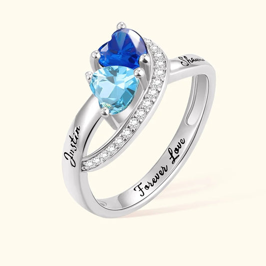Personalized Sterling Silver Heart Birthstone Ring with 2 Engraved Names and Text Promise Wedding Anniversary Gift for Couple