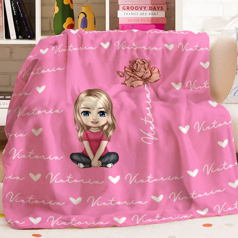 Personalized Cute Cartoon Heart Birth Flower Throw Blanket with Name – Soft Birthday and Christmas Gift