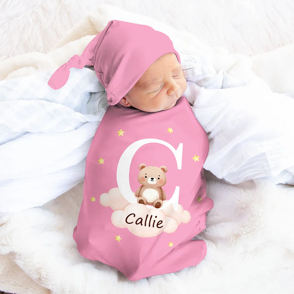 Personalized Baby Swaddle Set | Embroidered Cotton Animal Hat & Blanket for Baptism Gifts, Baby Shower Essentials