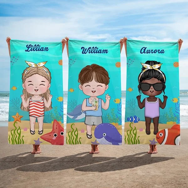 Personalized Cartoon Kid Character Marine Theme Oversized Quick Dry Beach Towel with Name Birthday Summer Vacation Accessories Gift for Boys Girls