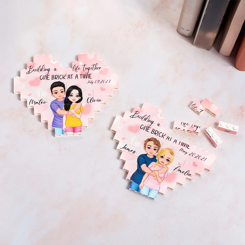 Custom Couple Puzzle Gift – Personalized Double-Sided Heart Hug Cartoon with Names & Date – Romantic Anniversary or Valentine’s Day Gift