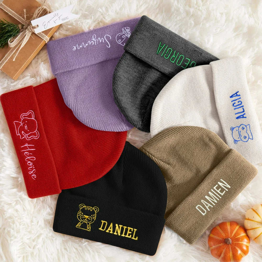 Personalised Embroidered Cute Pet Knit Beanie Hat with Name Cozy Birthday or Children's Day Gift for Kids and Adults