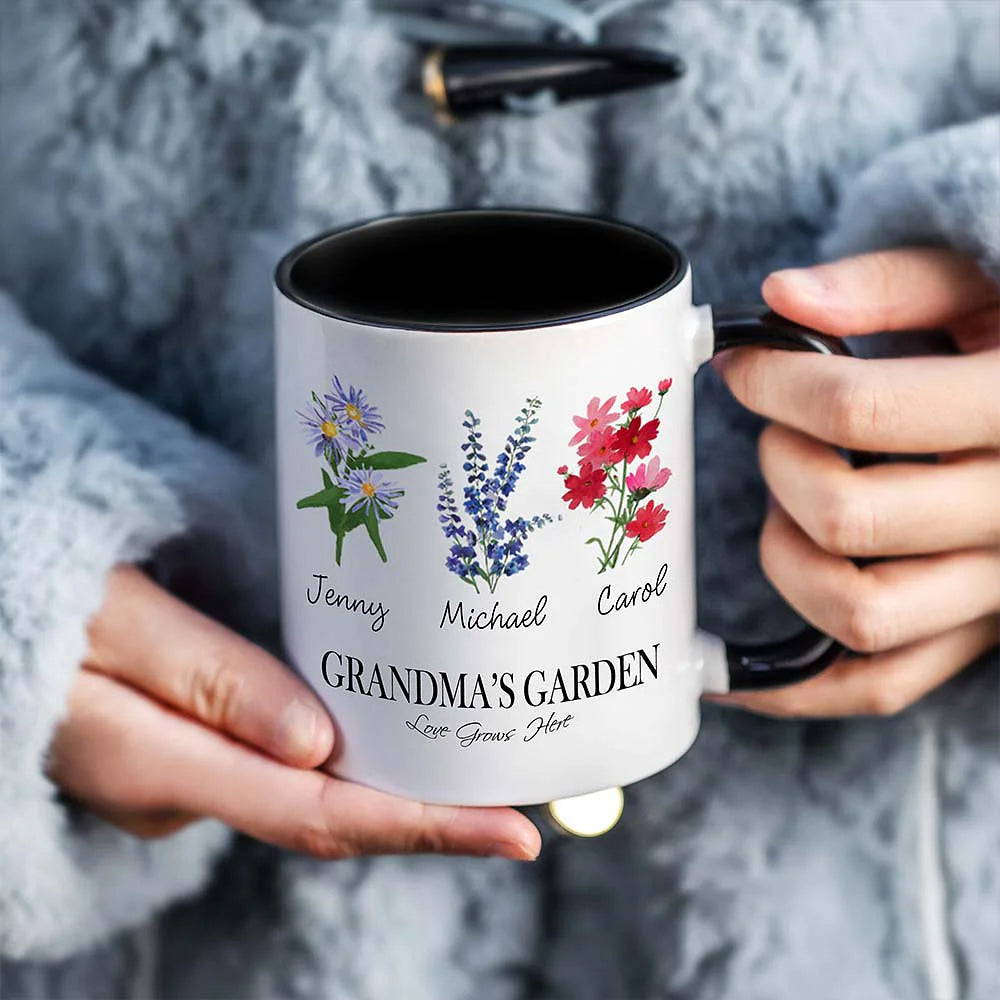 Personalised Grandma's Garden Ceramic Mug with 1-20 Birth Flowers 11oz Coffee Mug Gift for Mom or Grandma