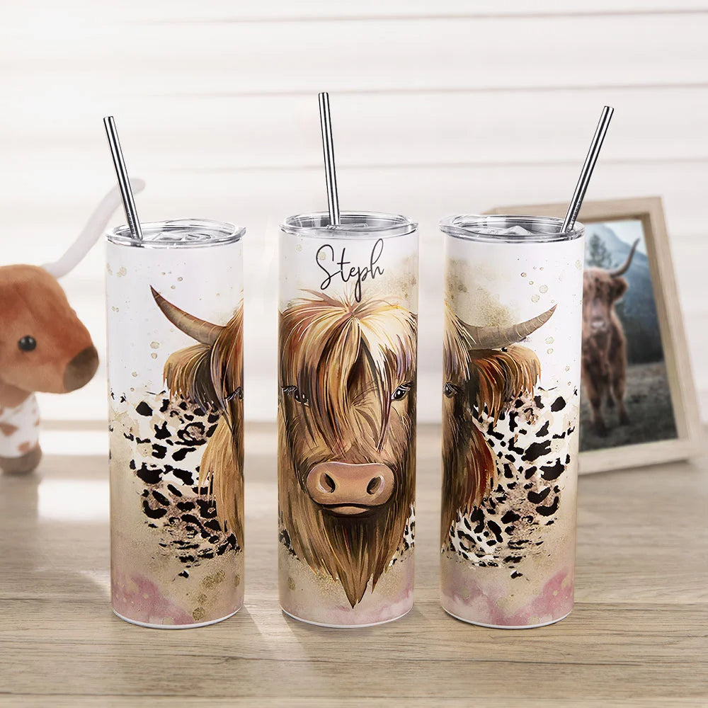 Personalized Highland Cow Tumbler 20oz – Food-Grade Stainless Steel Skinny Cup with Straw – Custom Name Gift for Christmas, Birthday – Cute Gift for Cow Lovers, Farmhouse Decor