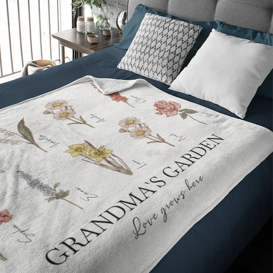 Personalized  Love Grows Here  Fleece Blanket with Family Birth Flowers – Gift for Mom or Grandma