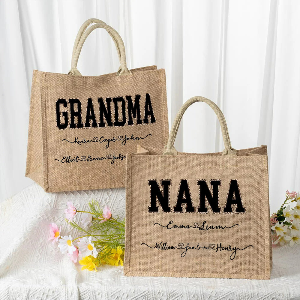Personalized Large Jute Tote Bag with Leopard Print Love Heart and 1-12 Names Reusable Great Mother’s Day or Birthday Gift for Women and Girls
